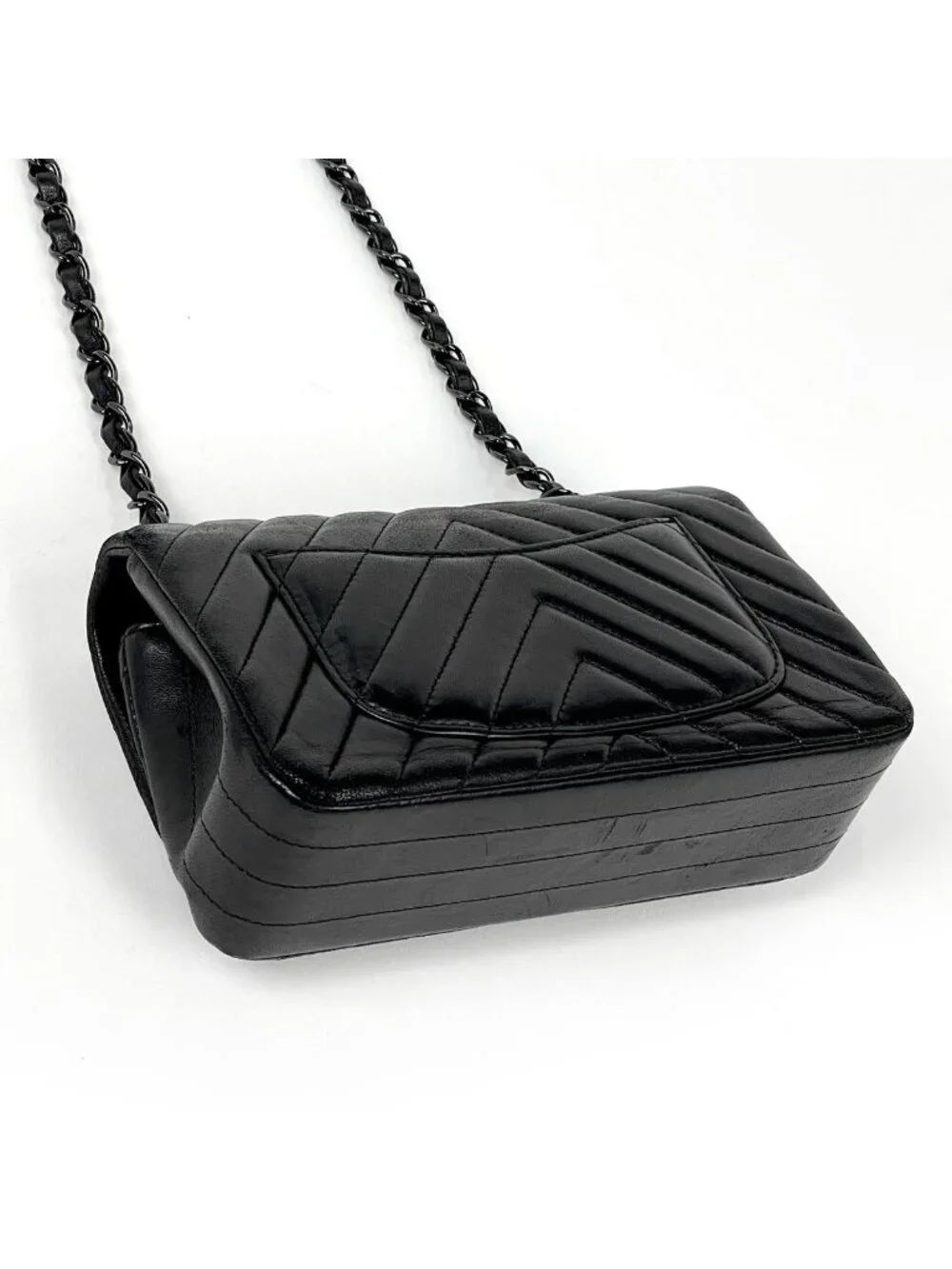 Chanel Stitch Chain Shoulder Bag CC Logo Blanc Leather Black